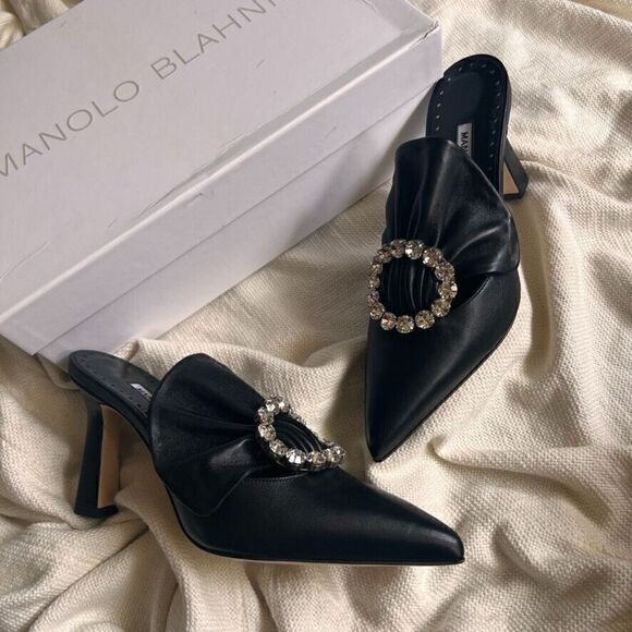 Manolo Blahnik Shoes - Manolo Blahnik Capitana Leather Buckle Mules Black 36 NEW
